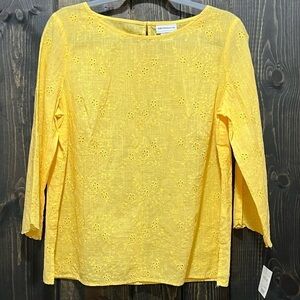 NWT Liz Claiborne Eyelet Blouse M Yellow Floral Top Boho Coastal Vacation‎